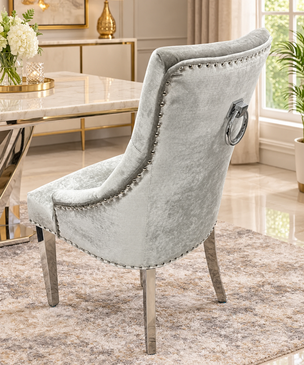 Arianna Marble Dining Table Cream With Roma Mink Dining Chairs