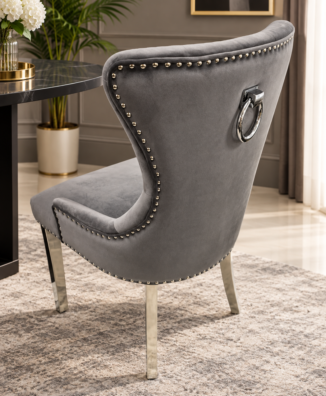 Arianna Marble Dining Table Cream With Roma Mink Dining Chairs