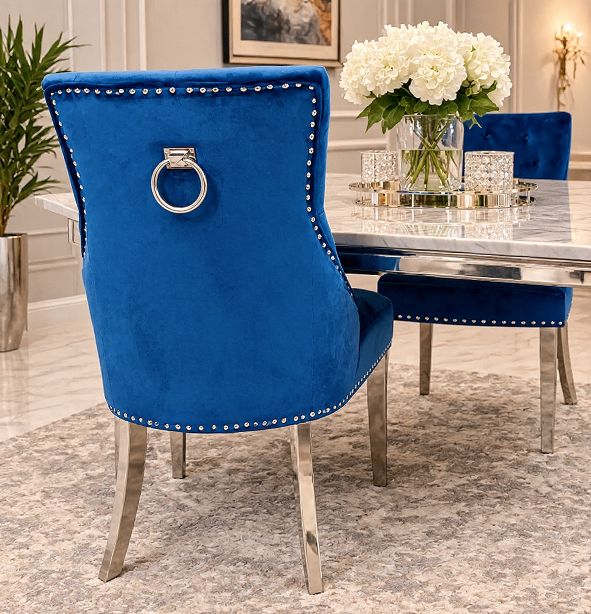 Arianna Marble Dining Table Cream With Roma Mink Dining Chairs