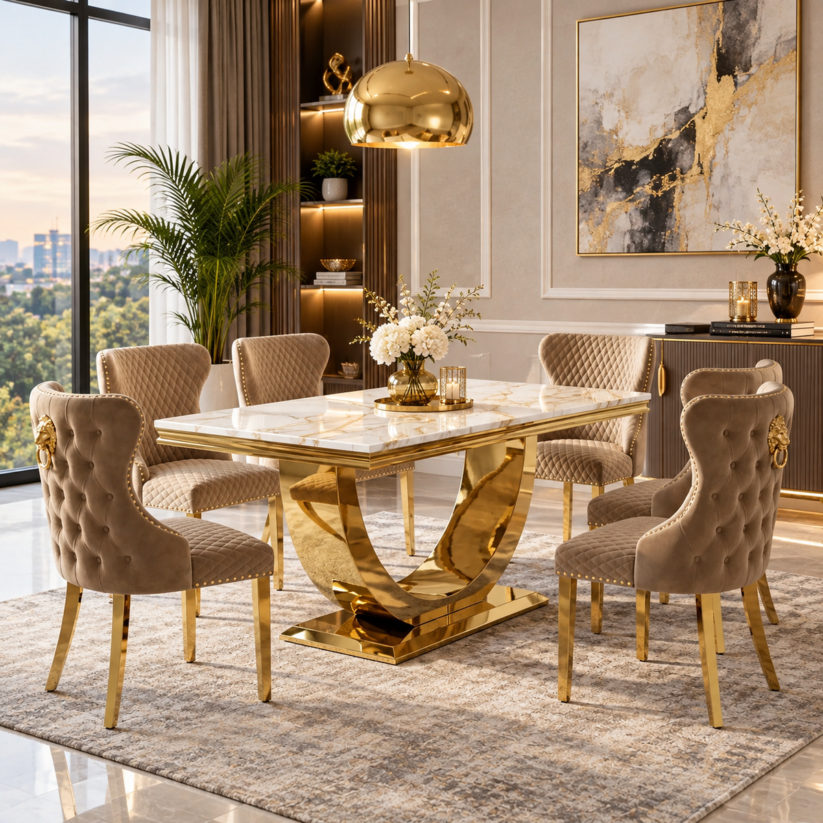 London Gold White 180cm Marble Dining Set with Lewis and Gold Mink Chairs