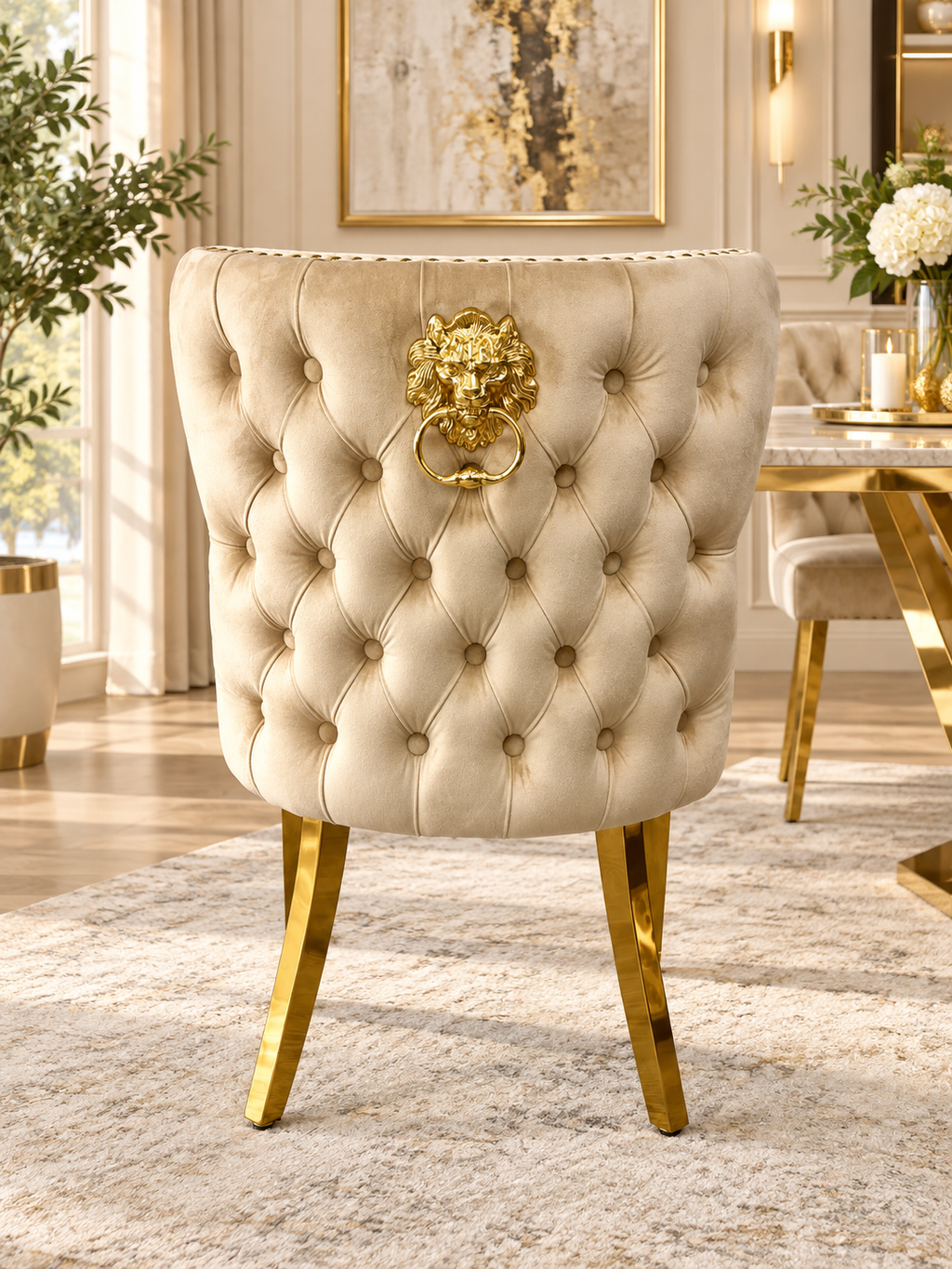 London Gold White 180cm Marble Dining Set with Lewis and Gold Mink Chairs