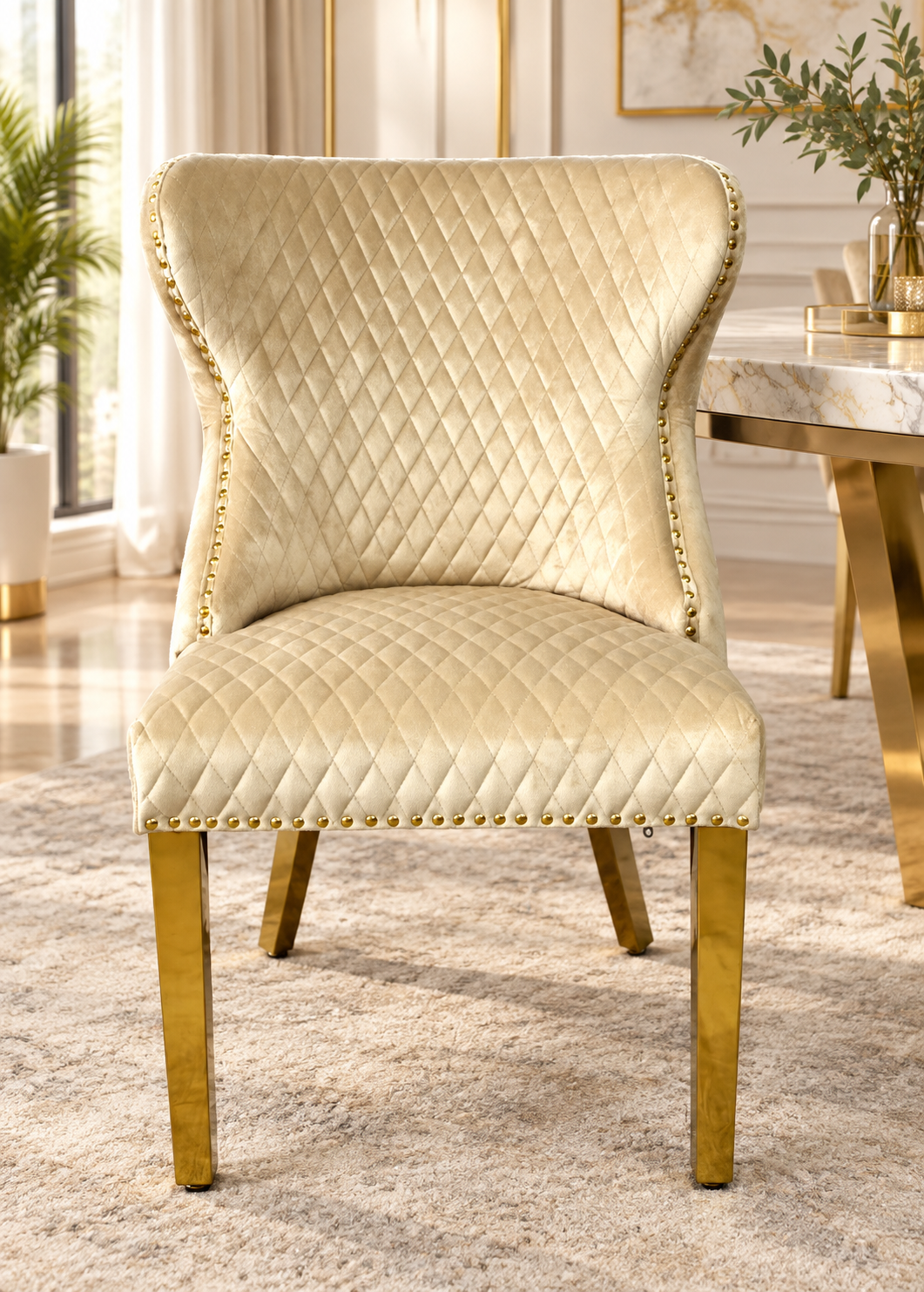 London Gold White 180cm Marble Dining Set with Lewis and Gold Mink Chairs