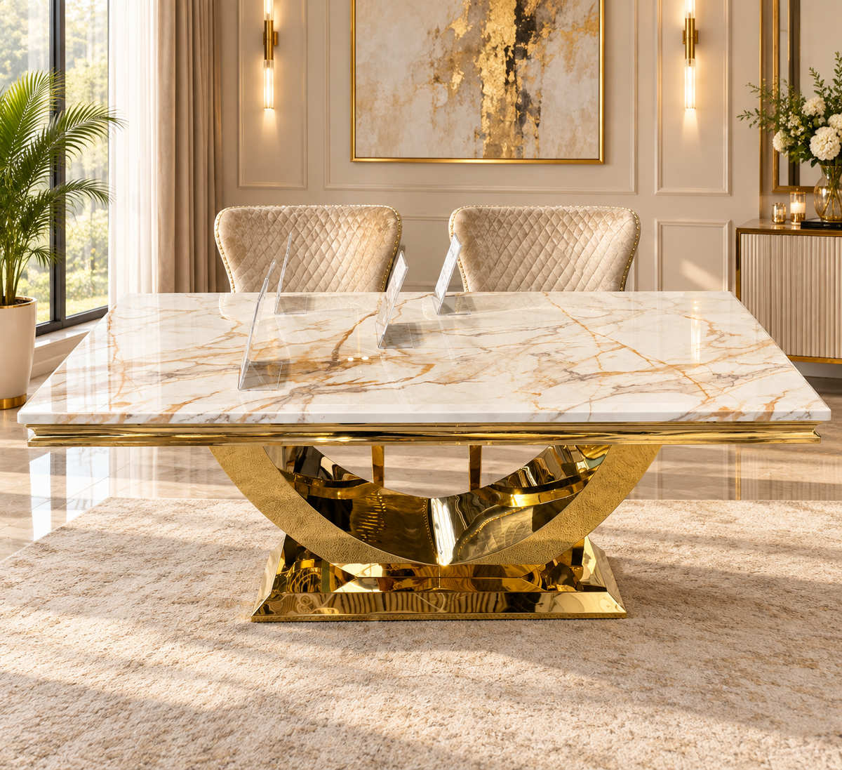 London Gold White 180cm Marble Dining Set with Lewis and Gold Mink Chairs