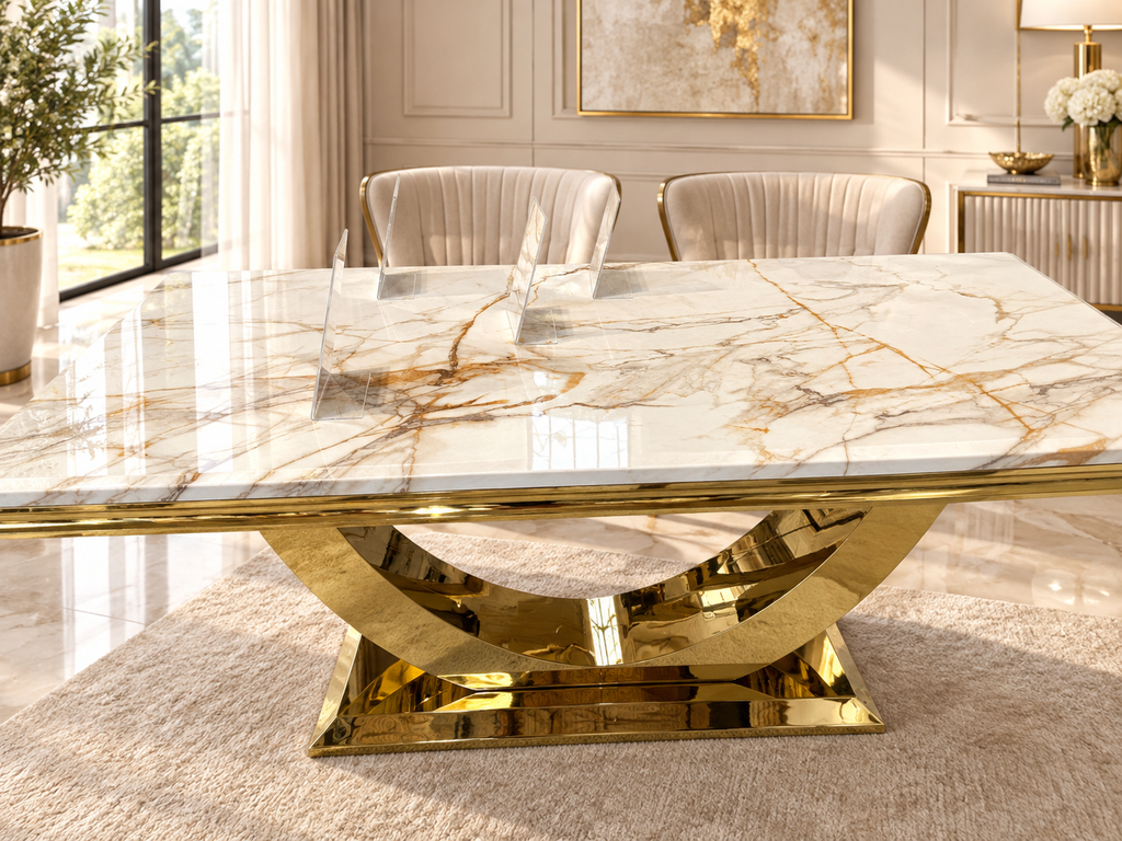 London Gold White 180cm Marble Dining Set with Lewis and Gold Mink Chairs