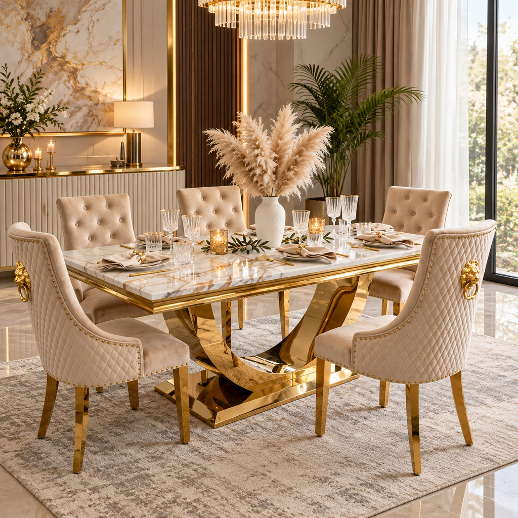 London White & Gold Marble Dining Table with Mink & Gold Lion Knocker Velvet Chairs – 4, 6 & 8 Seater