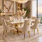 London White & Gold Marble Dining Table with Mink & Gold Lion Knocker Velvet Chairs – 4, 6 & 8 Seater