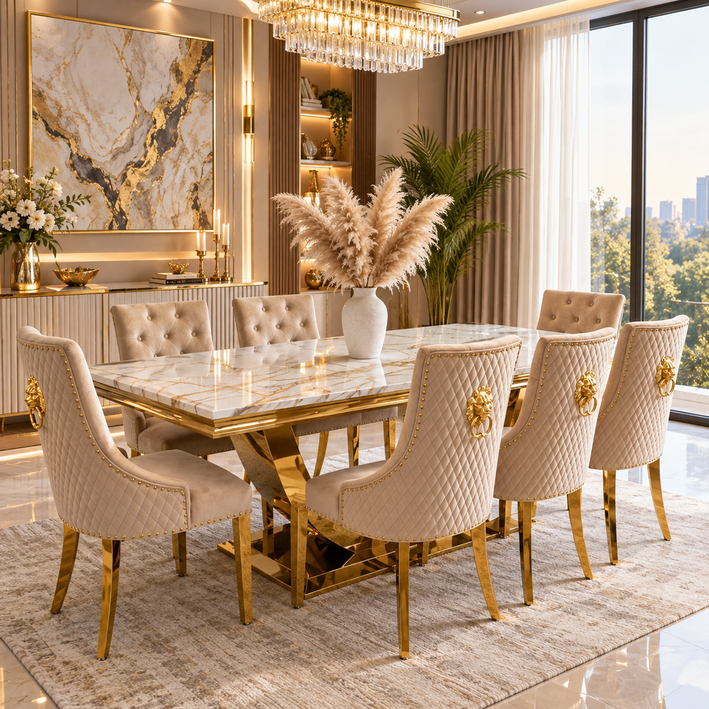 London White & Gold Marble Dining Table with Mink & Gold Lion Knocker Velvet Chairs – 4, 6 & 8 Seater