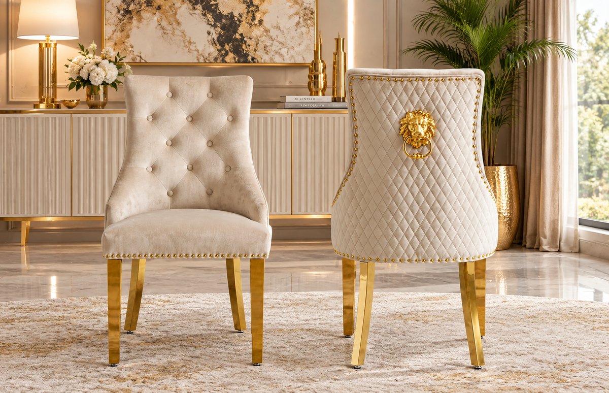 London White & Gold Marble Dining Table with Mink & Gold Lion Knocker Velvet Chairs – 4, 6 & 8 Seater