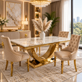 London White & Gold Marble Dining Table with Mink & Gold Lion Knocker Velvet Chairs – 4, 6 & 8 Seater