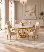 Chelsea Gold 1.3m Round Marble Dining Table and Roma Gold Lion Knocker Dining Chairs Set