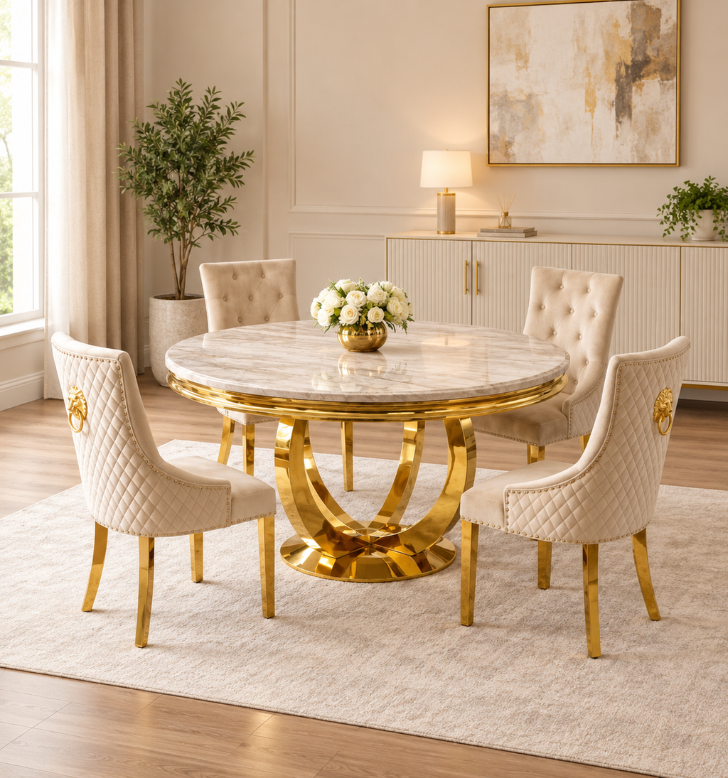 Chelsea Gold 1.3m Round Marble Dining Table and Roma Gold Lion Knocker Dining Chairs Set