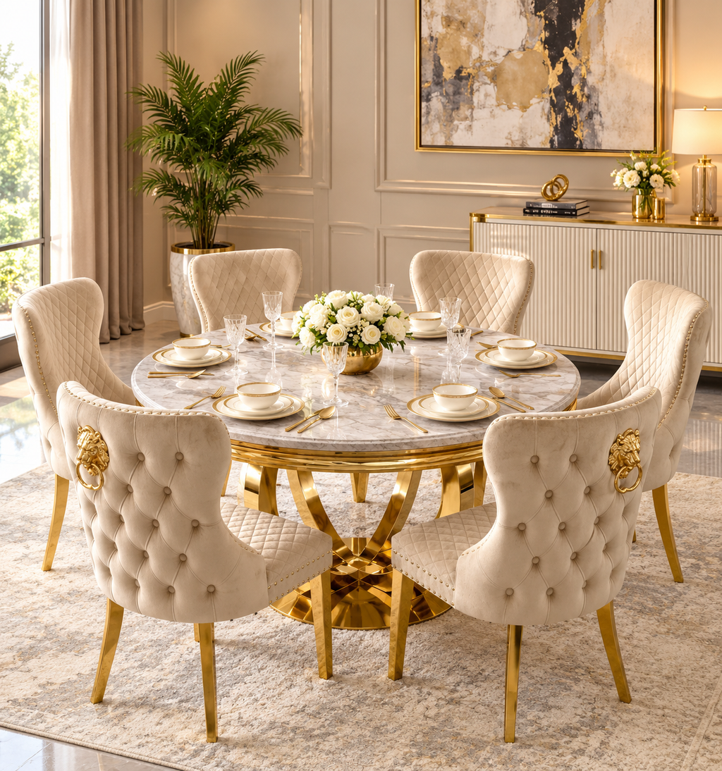 Chelsea Round 130cm Gold Dining Table with Lewis Mink and Gold Lion Knocker Chairs – Luxury Dining Set