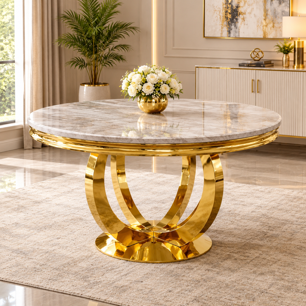 Chelsea Round 130cm Gold Dining Table with Lewis Mink and Gold Lion Knocker Chairs – Luxury Dining Set