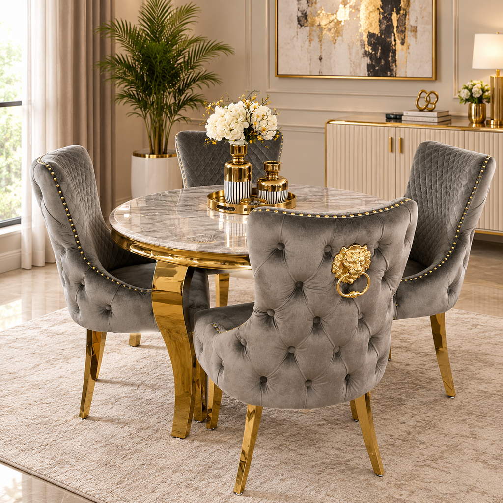 Louis Round 130cm Gold Marble Dining Table and 4 Lewis Gold Knocker back Dining Chairs