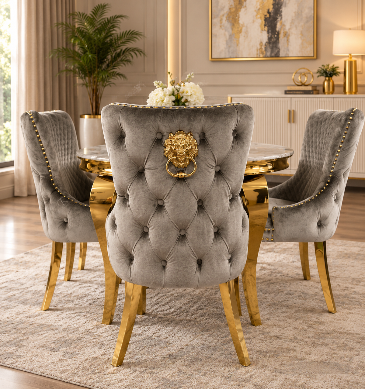 Louis Round 130cm Gold Marble Dining Table and 4 Lewis Gold Knocker back Dining Chairs