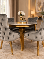 Louis Round 130cm Gold Marble Dining Table and 4 Lewis Gold Knocker back Dining Chairs