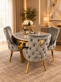Louis Round 130cm Gold Marble Dining Table and 4 Lewis Gold Knocker back Dining Chairs