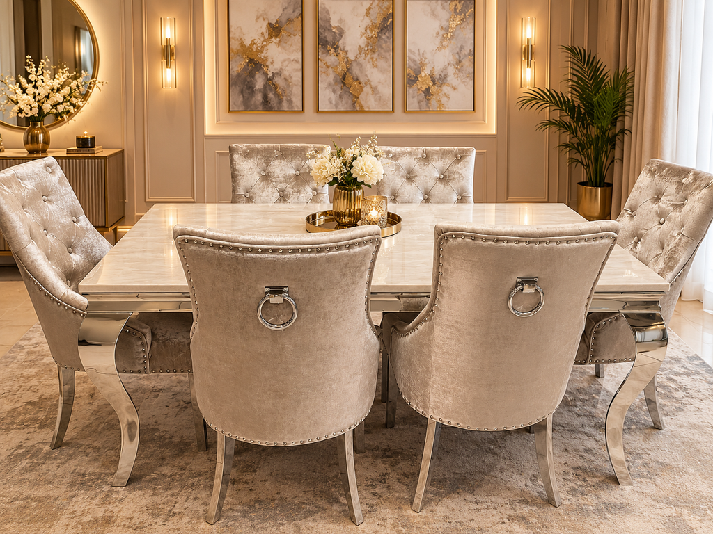 Louis Cream Dining Table Set With 4 Jessica Champagne/Mink Knockerback Chairs