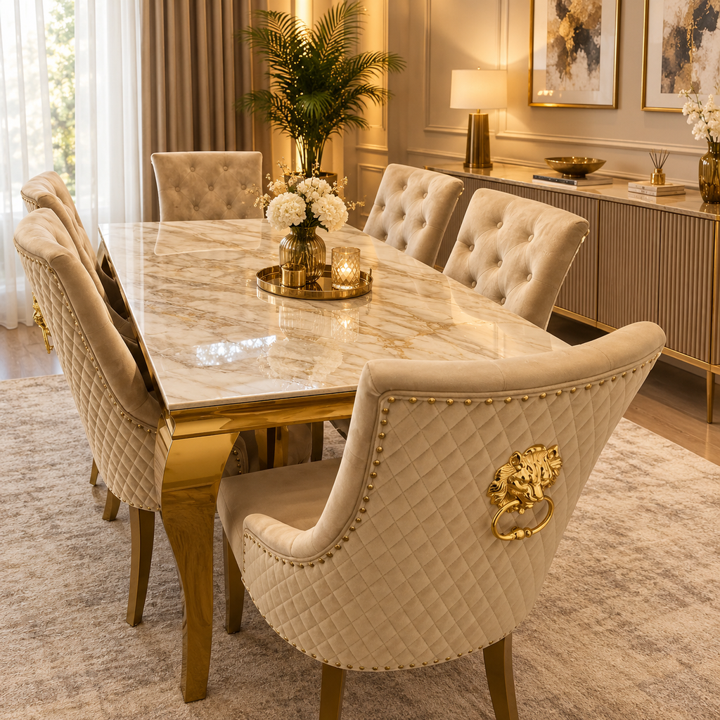 Louis Gold Dining Table With Mink Gold Roma Lion Knocker Chairs