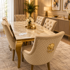 Louis Gold Dining Table With Mink Gold Roma Lion Knocker Chairs
