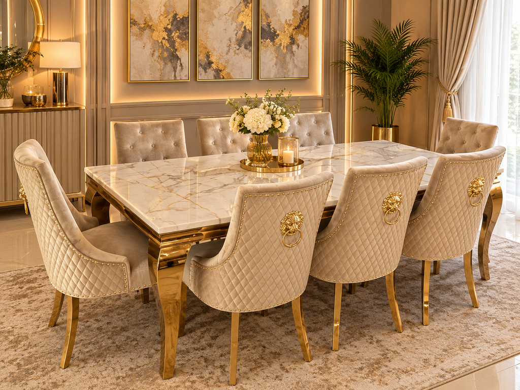 Louis Gold Dining Table With Mink Gold Roma Lion Knocker Chairs