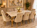 Louis Gold Dining Table With Mink Gold Roma Lion Knocker Chairs