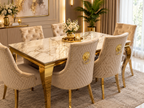 Louis Gold Dining Table With Mink Gold Roma Lion Knocker Chairs