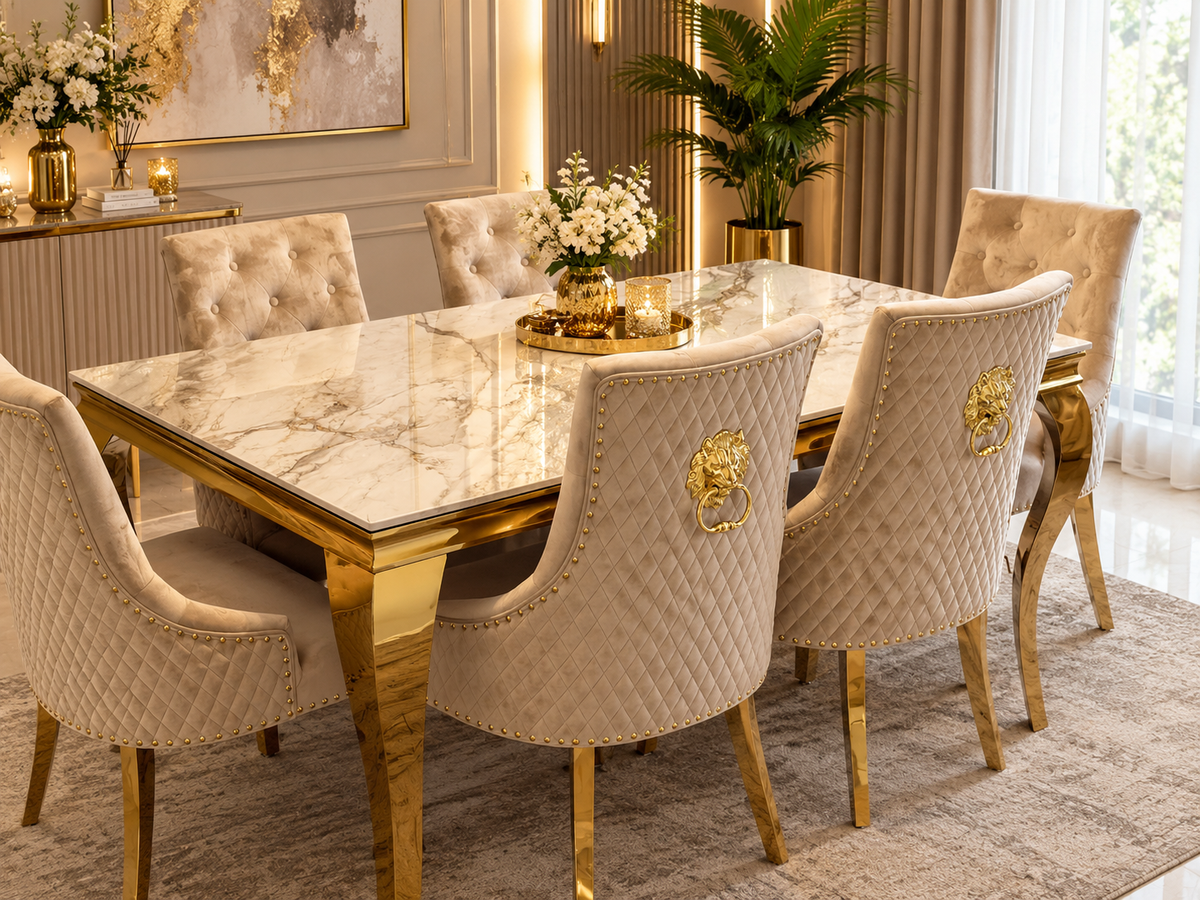 Louis Gold Dining Table With Mink Gold Roma Lion Knocker Chairs