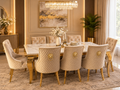 Louis Gold Dining Table With Mink Gold Roma Lion Knocker Chairs