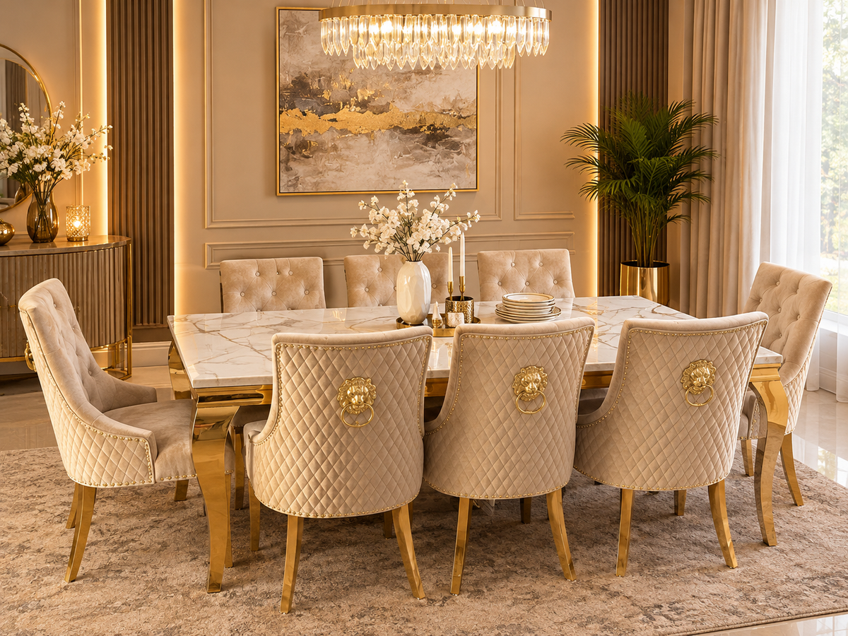 Louis Gold Dining Table With Mink Gold Roma Lion Knocker Chairs