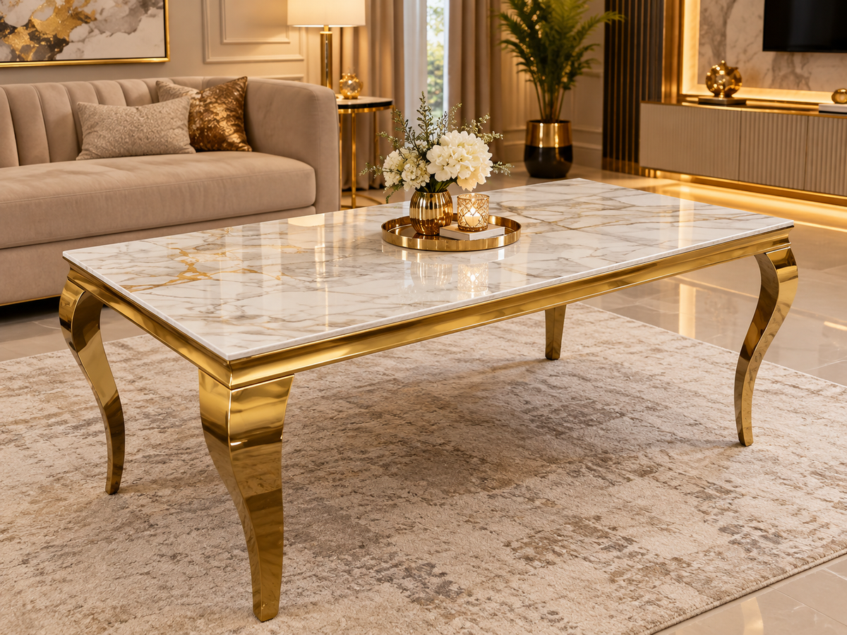 Louis Gold Dining Table With Mink Gold Roma Lion Knocker Chairs