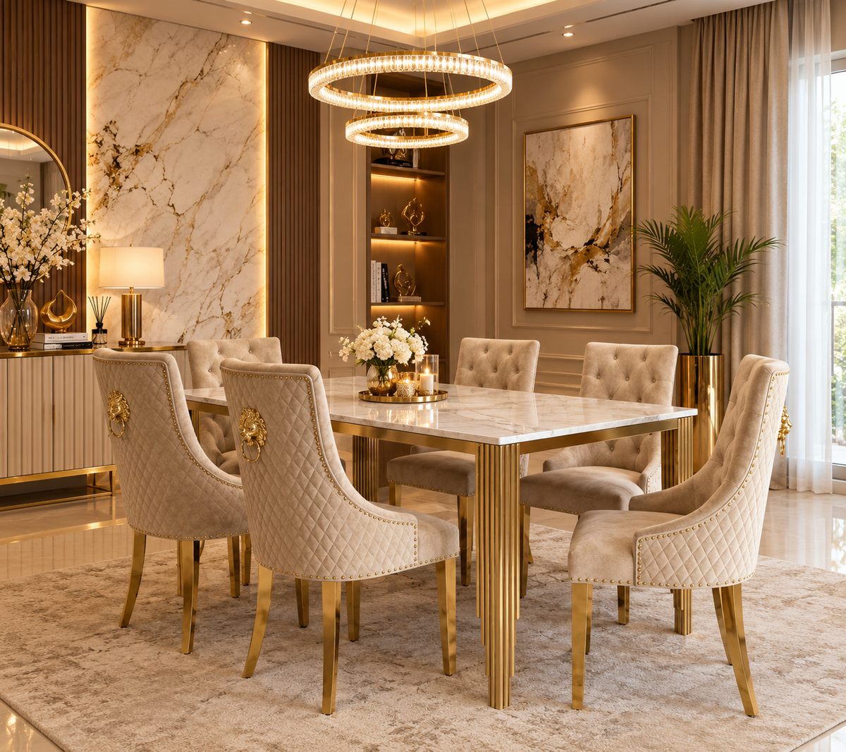 Mayfair 1.8 Gold Dining Table with Roma Mink/Gold Lion Knocker Dining Chairs | Luxury UK Dining Set
