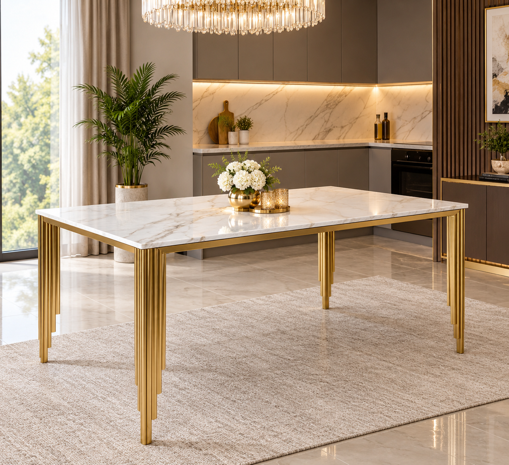 Mayfair 1.8 Gold Dining Table with Roma Mink/Gold Lion Knocker Dining Chairs | Luxury UK Dining Set