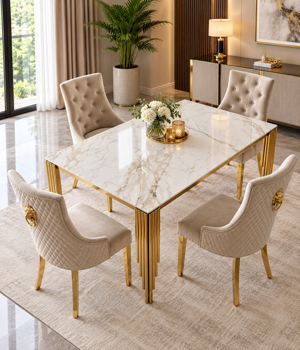 Mayfair 1.8 Gold Dining Table with Roma Mink/Gold Lion Knocker Dining Chairs | Luxury UK Dining Set