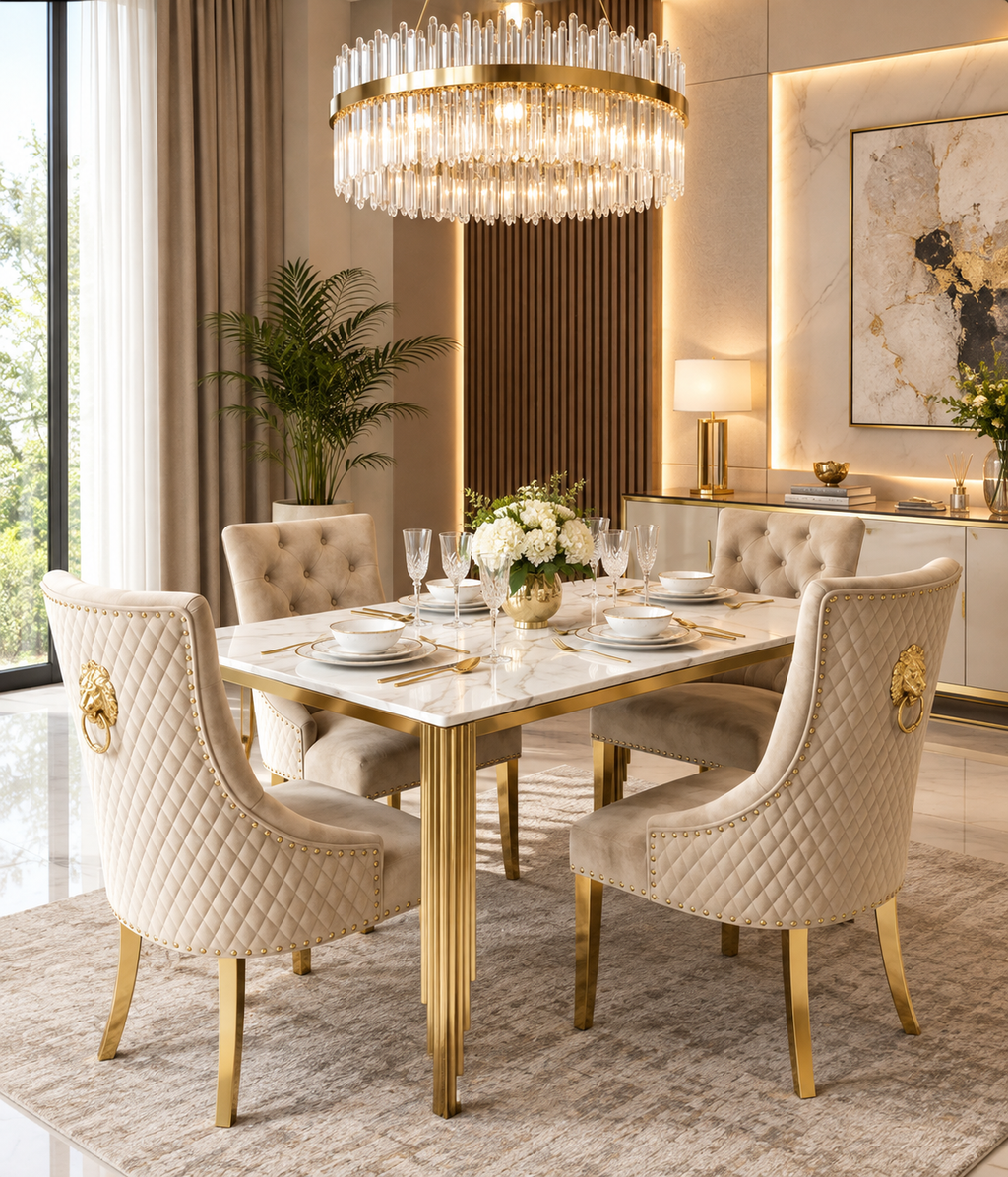 Mayfair 1.8 Gold Dining Table with Roma Mink/Gold Lion Knocker Dining Chairs | Luxury UK Dining Set