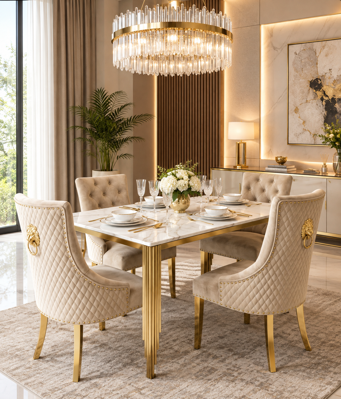 Mayfair 1.8 Gold Dining Table with Roma Mink/Gold Lion Knocker Dining Chairs | Luxury UK Dining Set