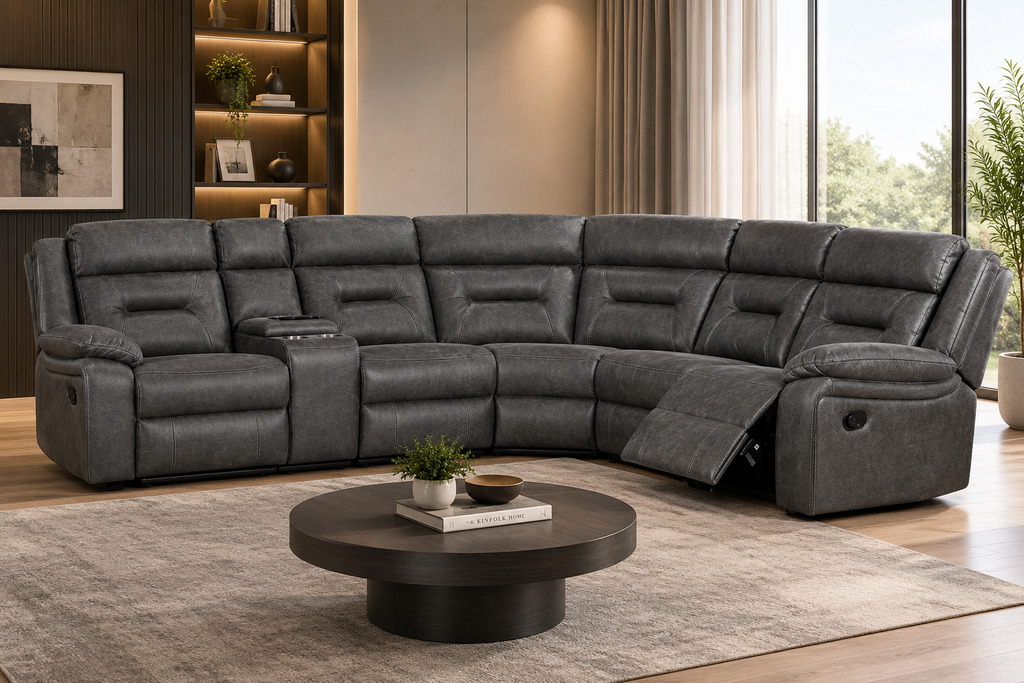 Norway Electric Grey Leather 5 Seater Reclining Corner Sofa With Drinks Tray