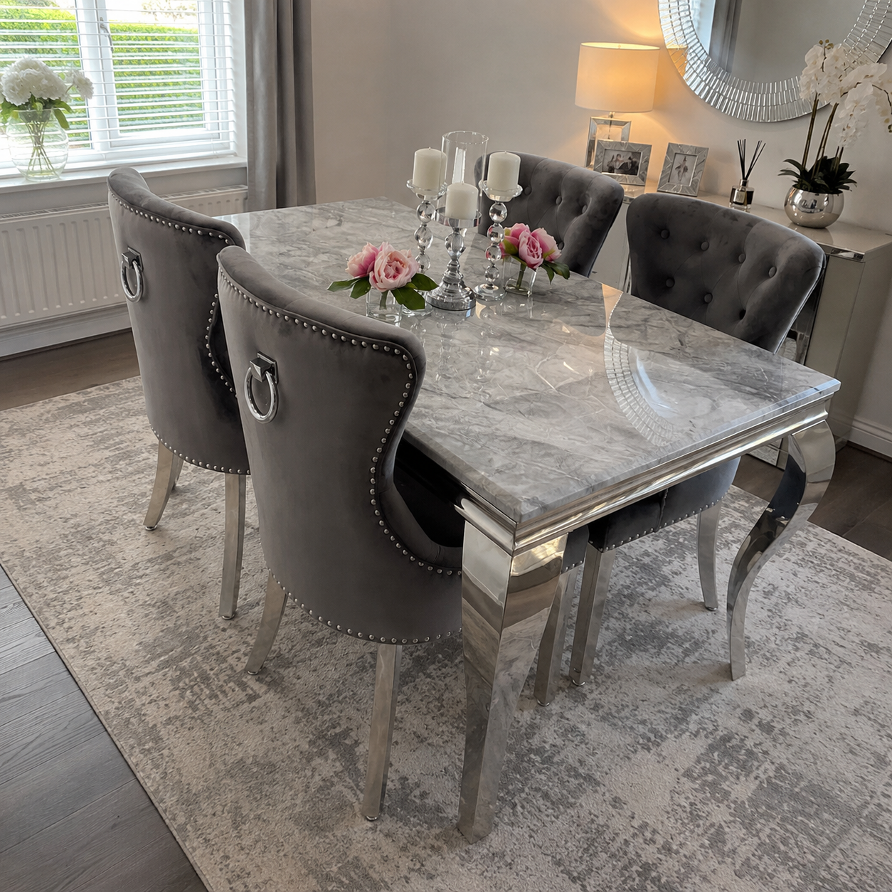 Louis Marble Dining Table With Jessica Ring Knocker Chairs