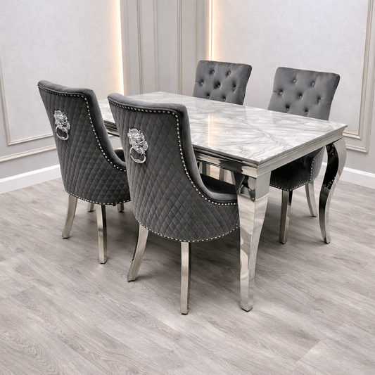Louis Marble & Chrome Dining Table With PU Leather Chrome Lion Quilted Knocker Chairs