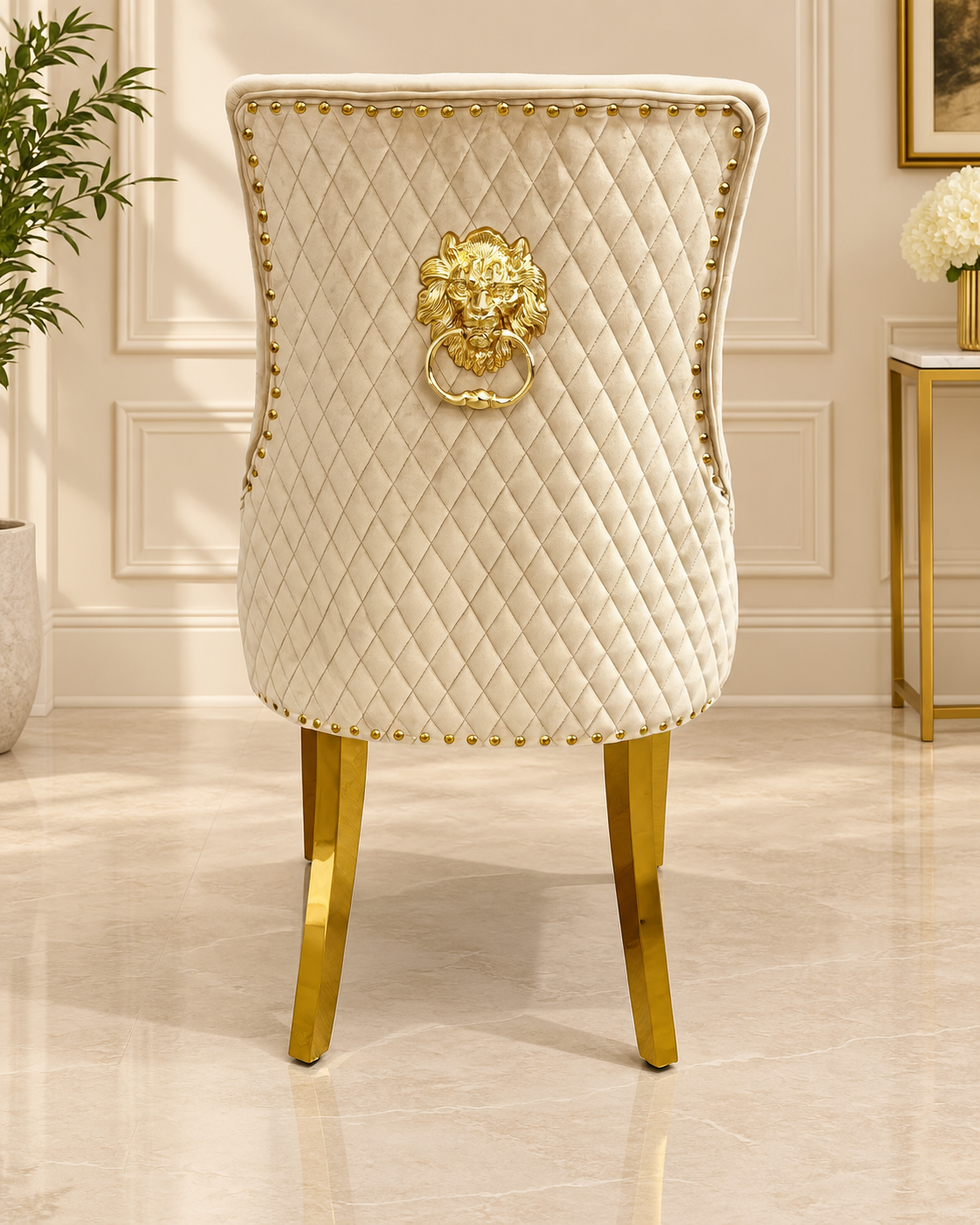 Roma Gold Cream Marble Dining Table + Gold Roma Mink Dining Chairs Lion Knocker