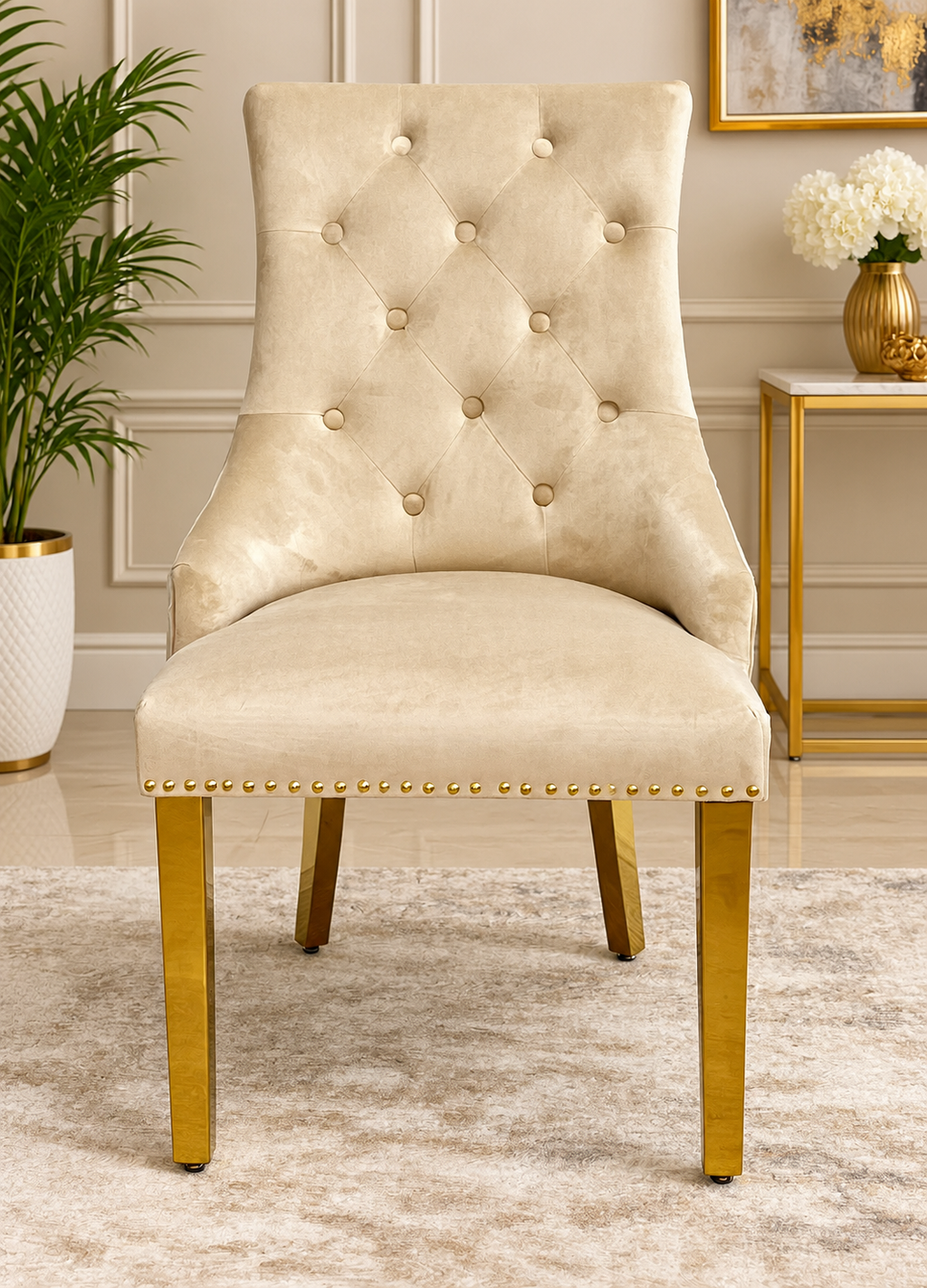 Roma Gold Cream Marble Dining Table + Gold Roma Mink Dining Chairs Lion Knocker