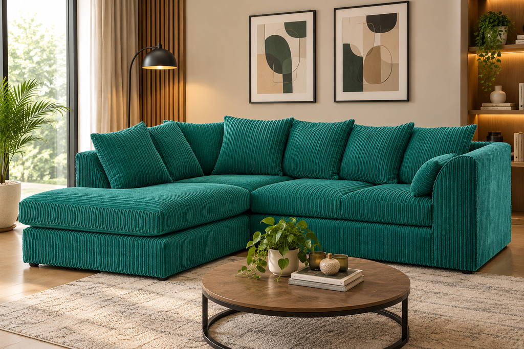 Colour Oxford Full Jumbo Cord 4 Seater Corner Sofa - Scatter back