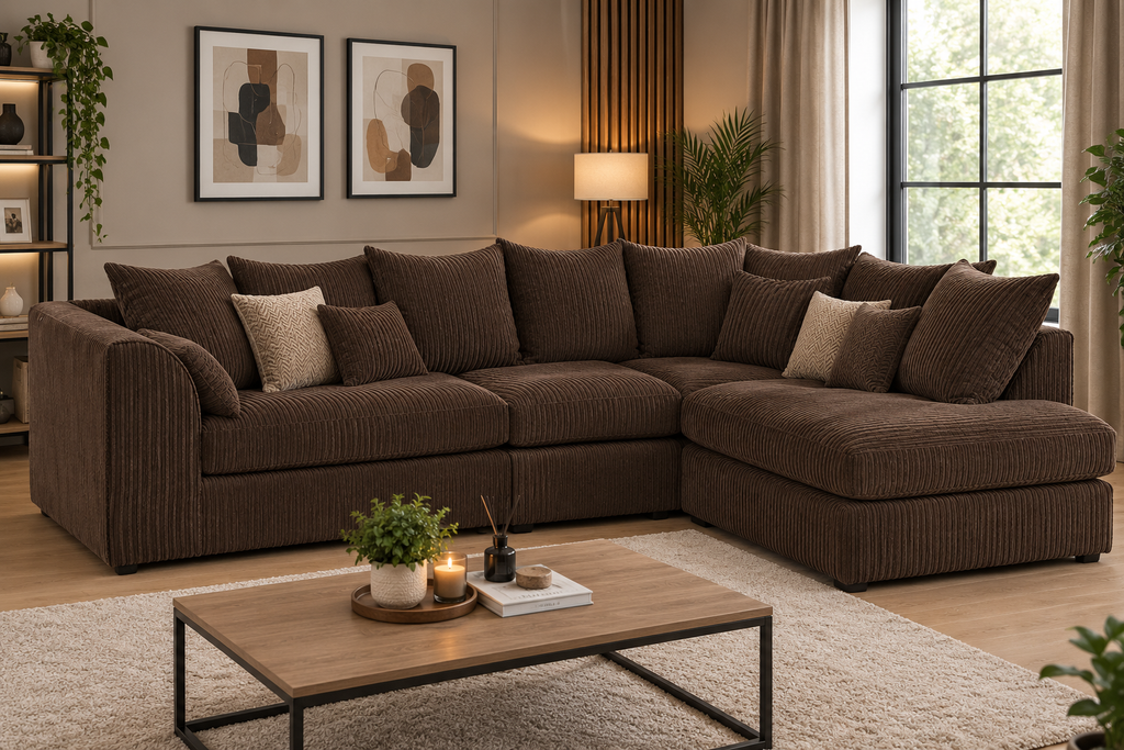 Oxford 5 Seater Long Cord Corner Sofa - Scatter Back