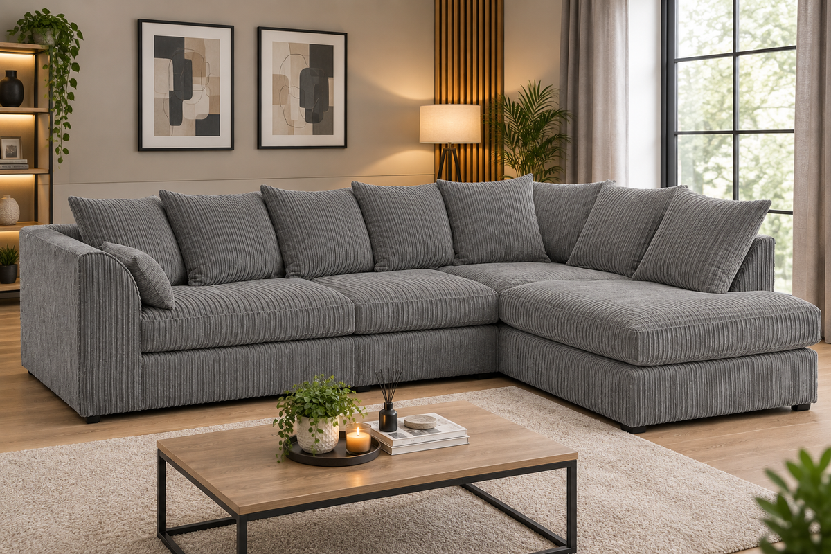 Oxford 5 Seater Long Cord Corner Sofa - Scatter Back