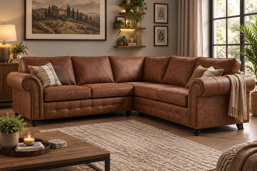 Oakland Corner Sofas (5 Seaters) | Tan Leather & Grey
