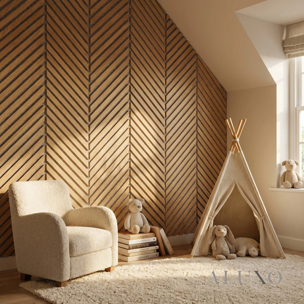 Panelux™ Pro Chevron Slat Oak Wall Panels | Grey Felt Backing - 240cm x 30cm (Set Of 2)