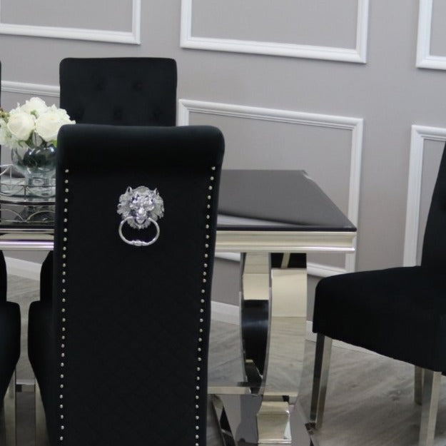 Ariana Black Marble 1.8M Dining Table With Black Lucia Quilted Velvet Lion Knocker Chairs