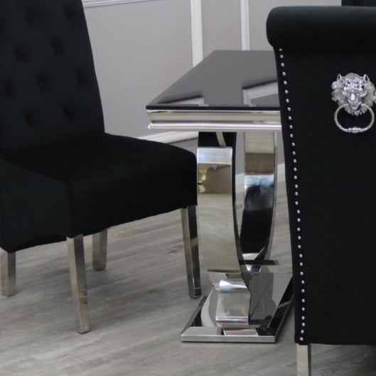 Ariana Black Marble 1.8M Dining Table With Black Lucia Quilted Velvet Lion Knocker Chairs