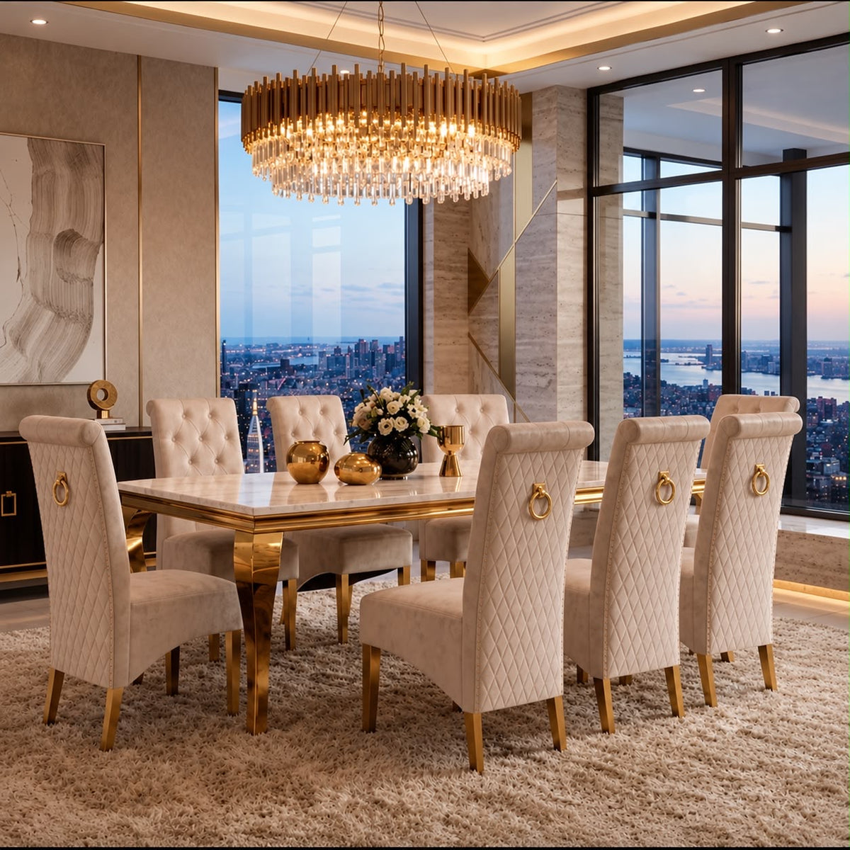 LOUIS CREAM GOLD MARBLE DINING WITH LUCY CREAM GOLD CHAIRS