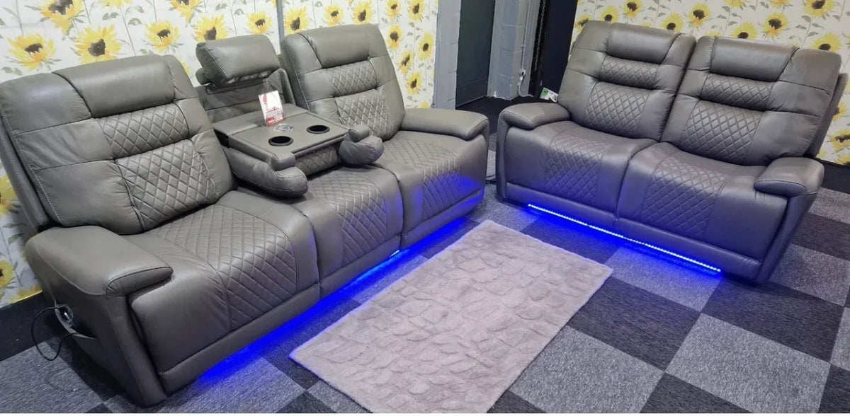 Halifax 2 Seater Grey Leather Electric Recliner Sofa with , LED Lights & USB Port